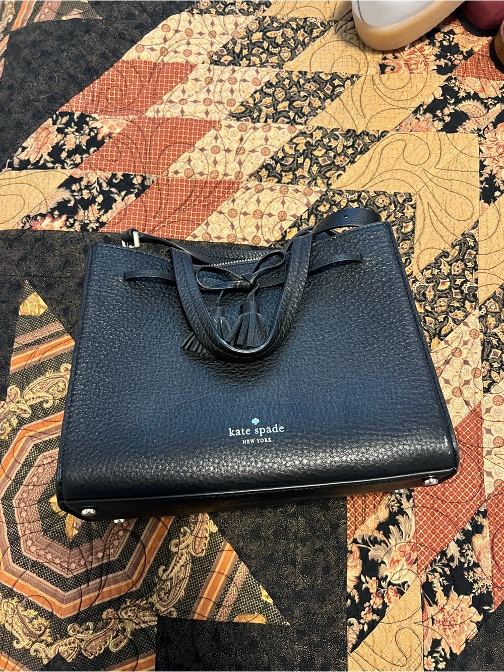 kate spade Black Pebbled Leather Tote with Tassel Detail